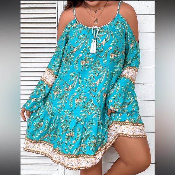 Boho Plus Floral Print Cold Shoulder Tassel Tie Ruffle Hem Dress - Picture 2 of 5